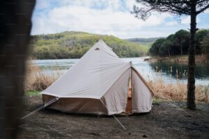 a tent near a lake