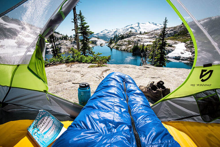 a sleeping bag on a mountain